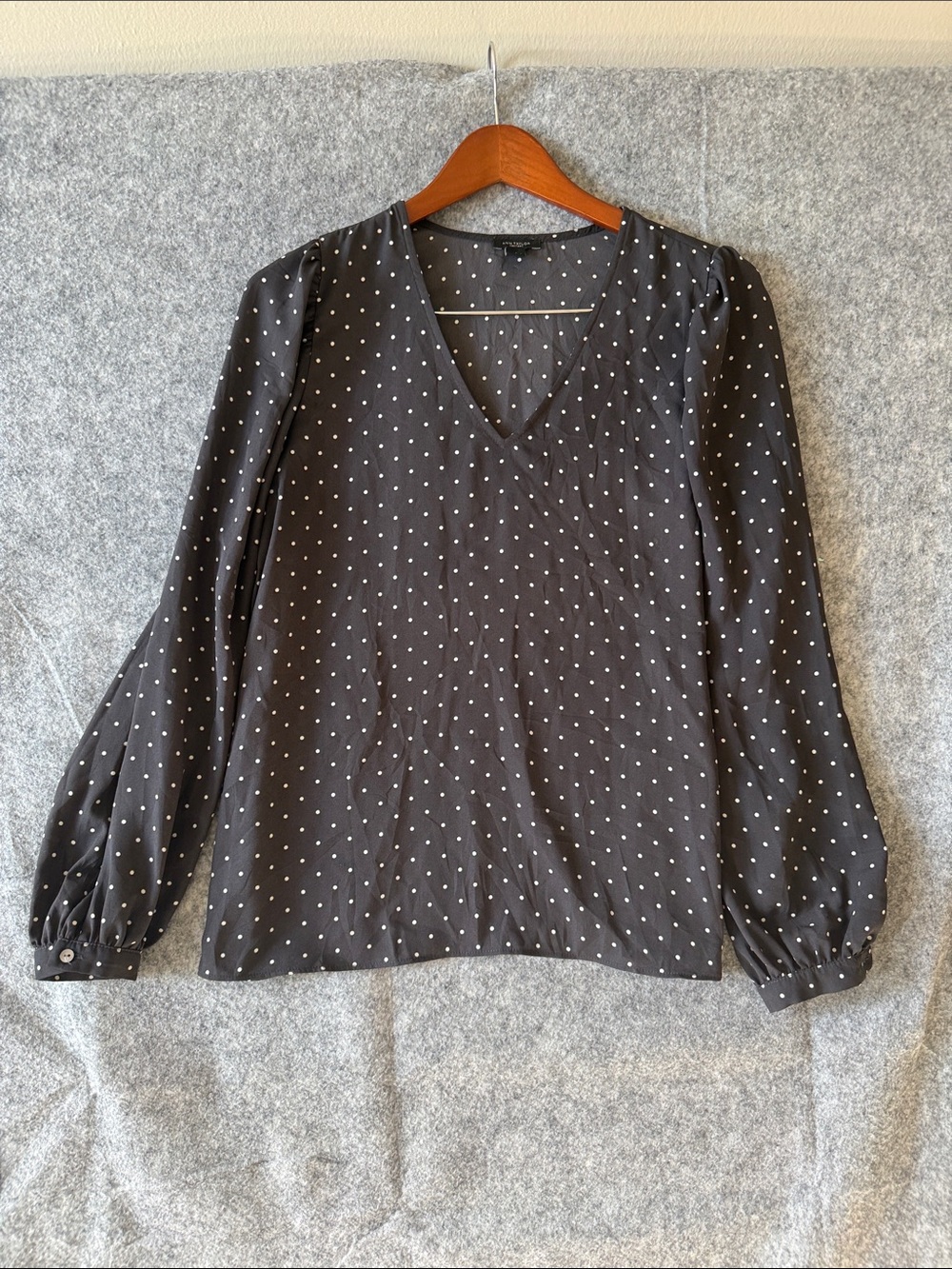 Ann Taylor Factory Dark Grey V-Neck Polka Dot Blouse